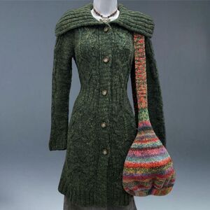 Ann Taylor LOFT Wool Alpaca Blend Long Cardigan Coat Small Green Cable Knit